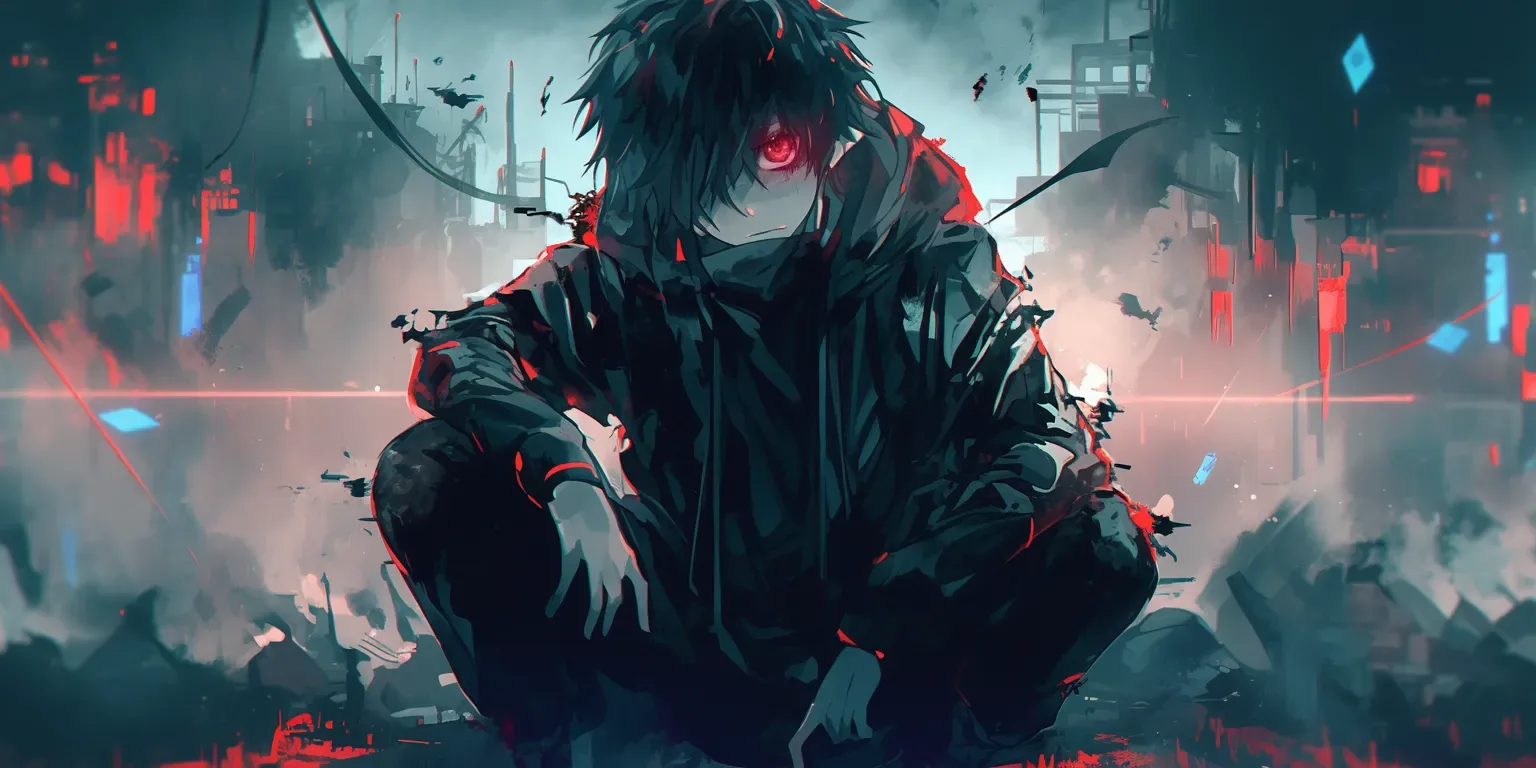 A hooded anime boy with red glowing eyes crouches in drifting smoke, a red and blue cyberpunk skyline burning out behind him.