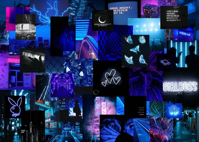 A wall collage of purple and blue tiles — a Girlboss sign, bunny logo, hearts and city nights — busy edge to edge, so a white clock reads best.