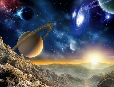 Painted scene of Saturn-like ringed planets and a spiral galaxy over a rocky valley, the sun breaking on the horizon at the right.