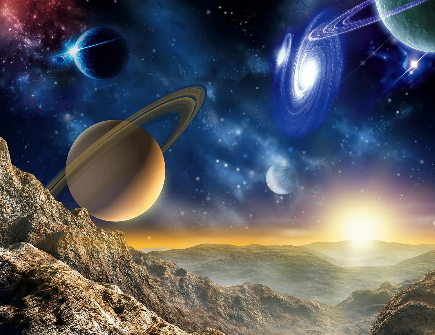 Painted scene of Saturn-like ringed planets and a spiral galaxy over a rocky valley, the sun breaking on the horizon at the right.