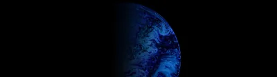 An ultrawide crop with a blue planet rising into the right side, its cloud swirls faint against the surrounding dark.