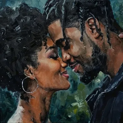 Thick brushwork portrait of two people about to kiss, her gold hoop and curls on the left, the whole thing set against a green and teal background.