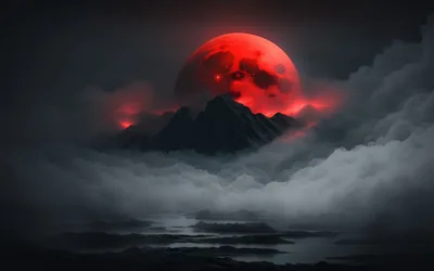 A red moon glows behind a black mountain peak wrapped in grey mist, the rest of the frame fading to near-black for OLED screens.