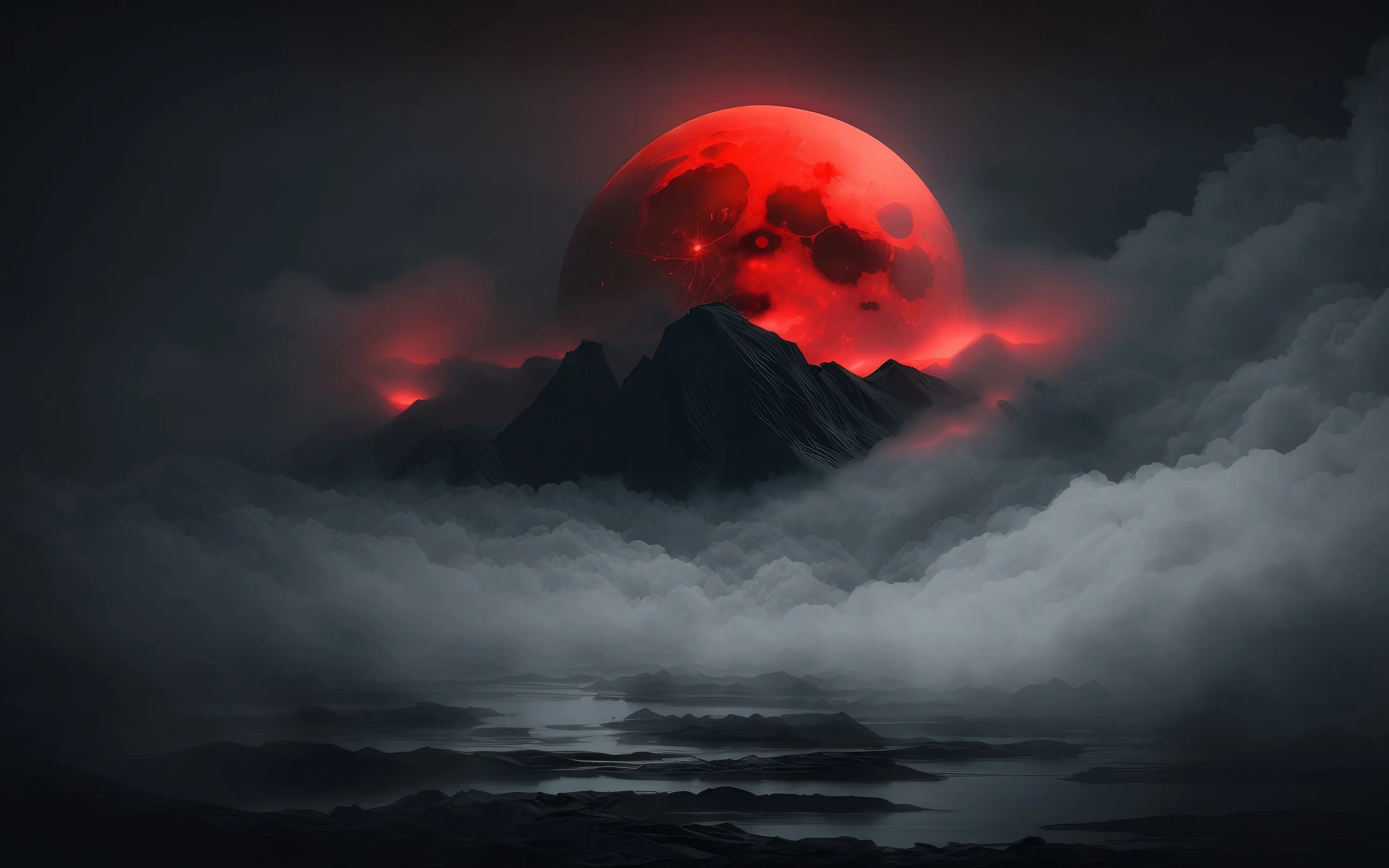 A red moon glows behind a black mountain peak wrapped in grey mist, the rest of the frame fading to near-black for OLED screens.