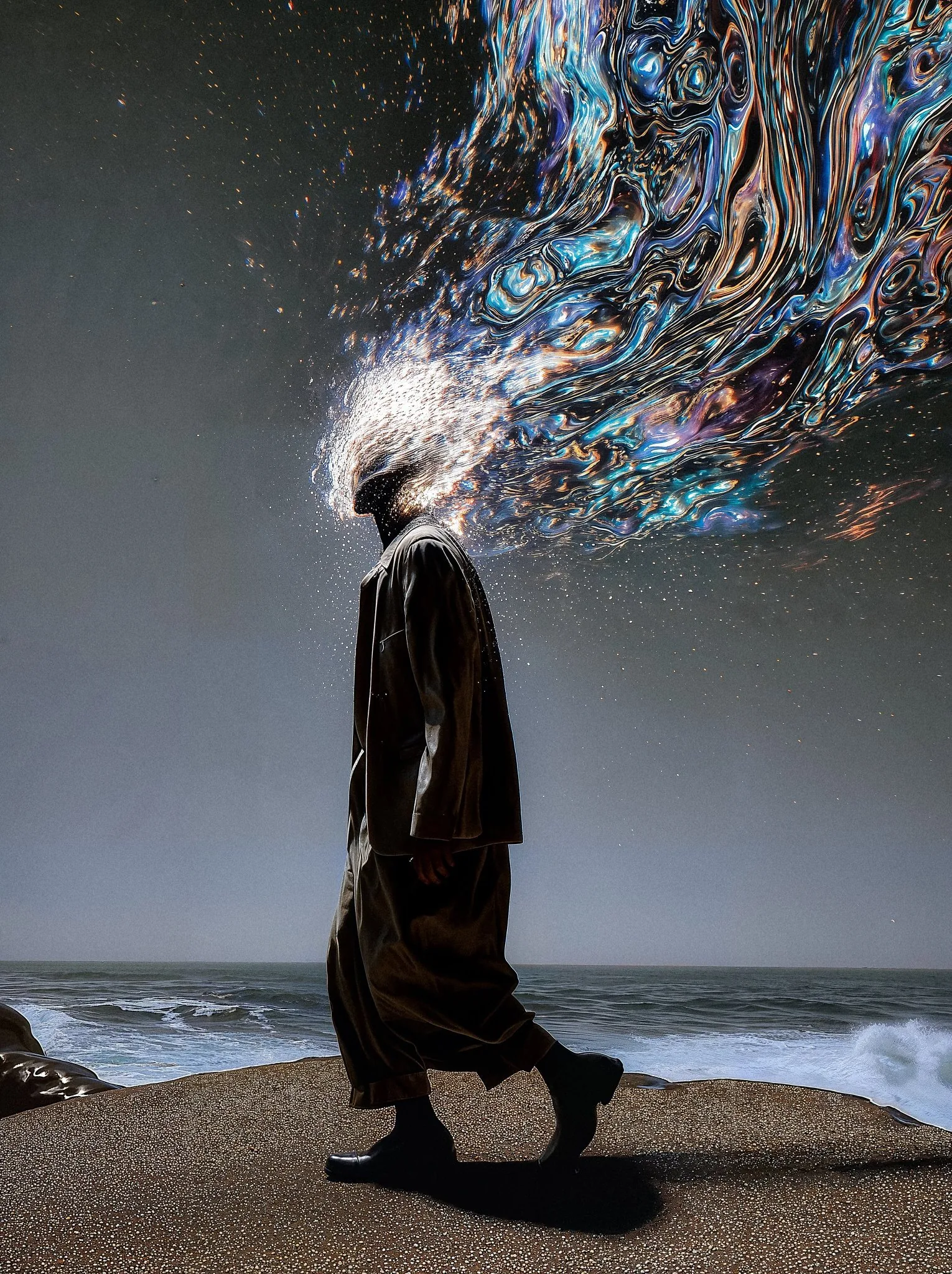 A figure in a long dark coat strides along a night beach while their head unravels into an iridescent oil-slick swirl across the sky.