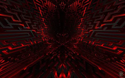 A corridor of stepped geometric panels narrows toward the centre, red strip lighting picking out every ridge and recess.