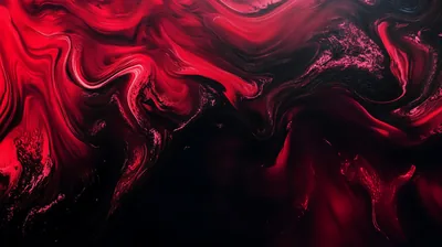 Crimson ink folds into black like liquid marble, the darkest pools sitting low in the frame where a desktop taskbar would land.