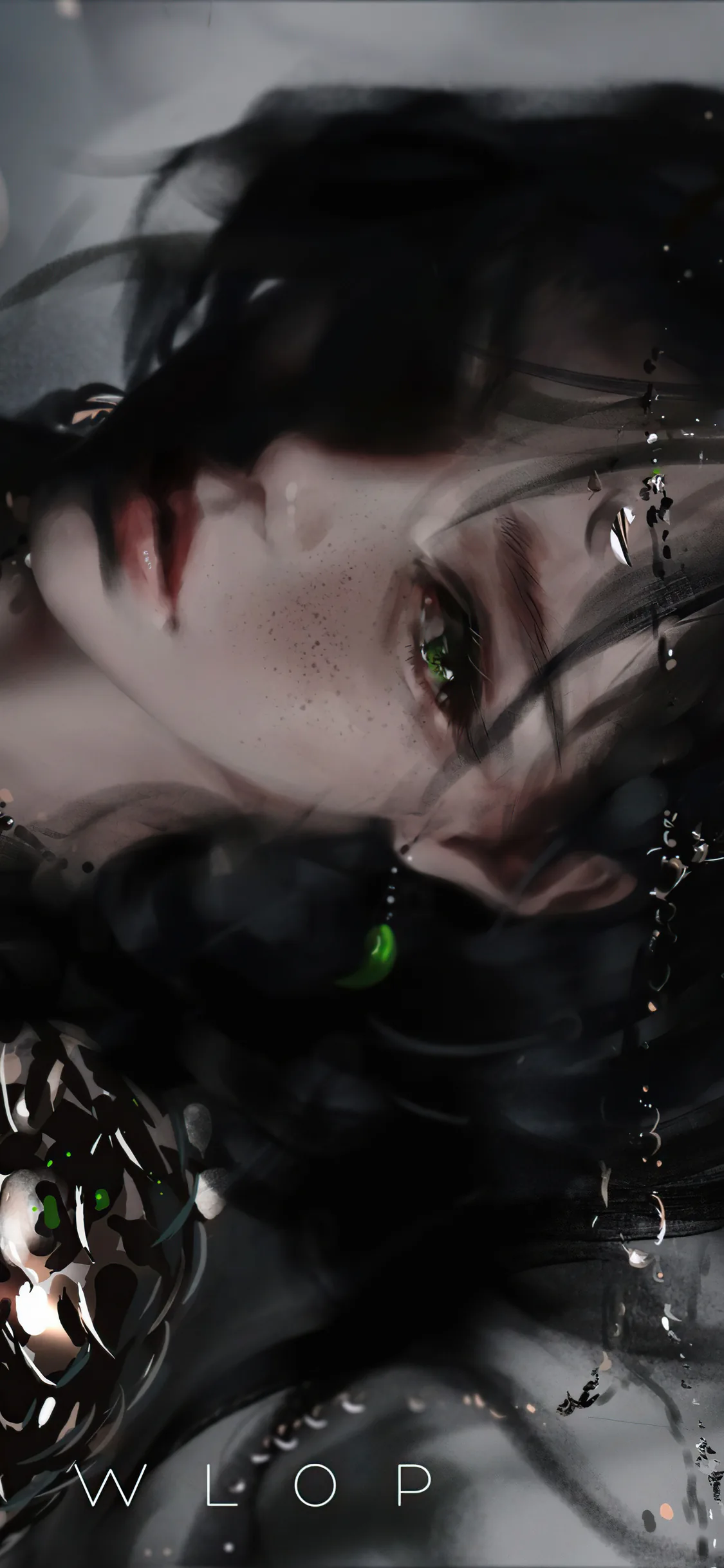 A close-cropped face streaked with rain and dark hair, green eyes catching the only light, painted in soft digital brushwork over deep grey shadow.