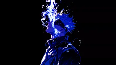 A figure in profile turns away as electric blue fire pours upward off the head, the rest of the body dissolving into flat black.