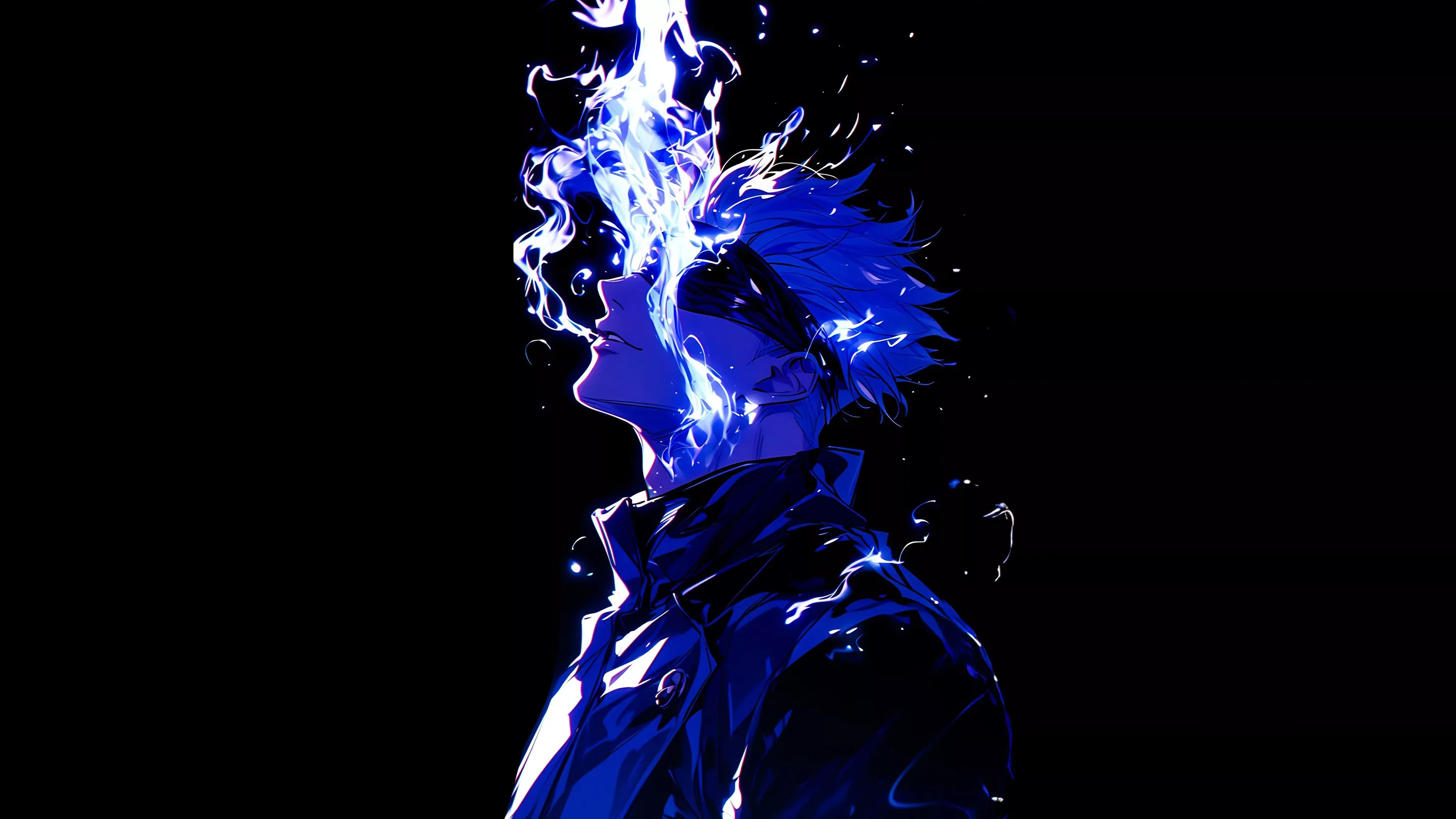A figure in profile turns away as electric blue fire pours upward off the head, the rest of the body dissolving into flat black.