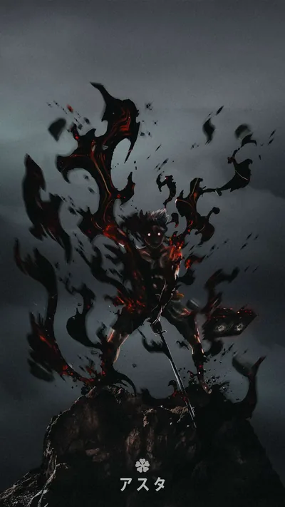 A horned figure rises from a rock as ragged black tendrils streak upward, red seams glowing through the dark mass.