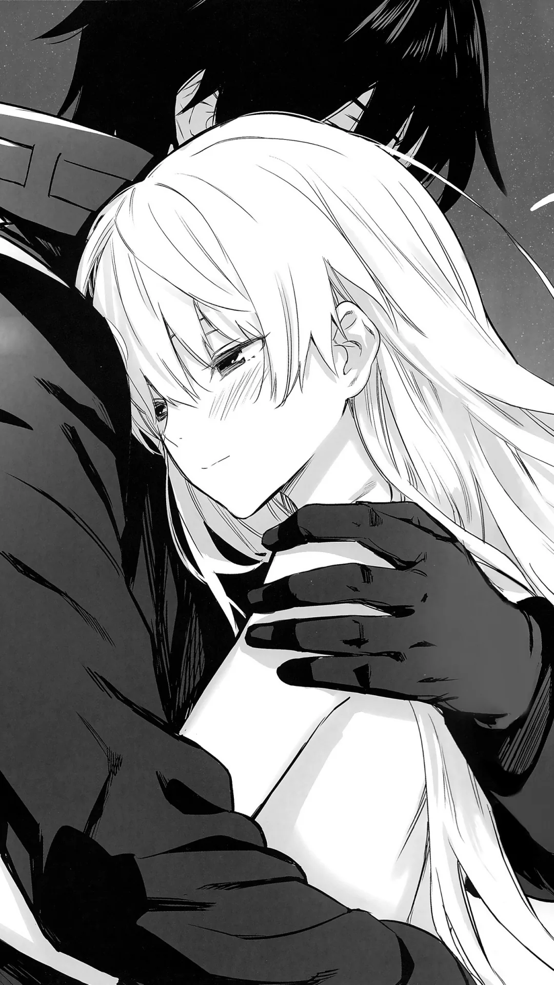 A white-haired girl leans into a black-gloved embrace from Darker Than Black, drawn in clean manga monochrome with the deepest blacks pooled in the corners.