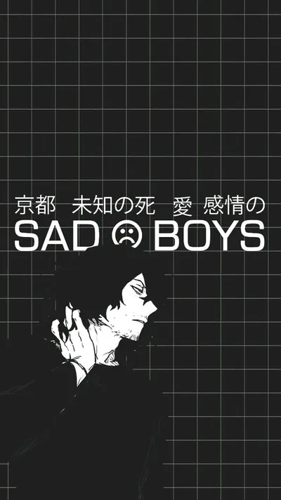 An anime boy in profile smokes below the words SAD BOYS on a fine white grid, Japanese characters set in a row across the top.