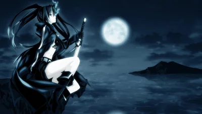 A girl in black crouches on a rock with a heavy cannon on her arm, the moon low over dark water and a distant island on the right.
