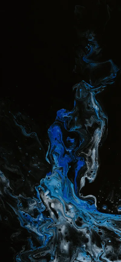 A plume of blue and white ink climbs from the bottom edge and breaks apart halfway up, the top third left as flat black.