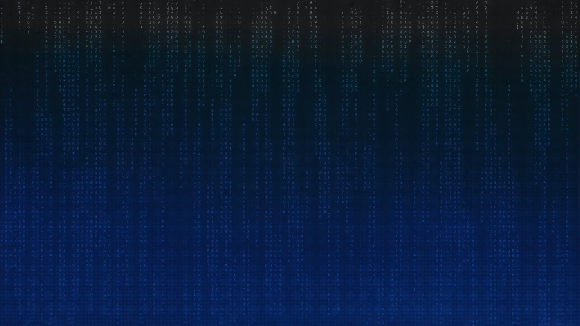 Columns of small blue characters fall from the top of the frame and dissolve into a flat navy wash across the lower two thirds.