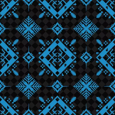 Sky-blue snowflakes, chevrons and diamond frames repeat in a knitted Nordic layout over a checkered black ground, crisp enough to read at phone size.