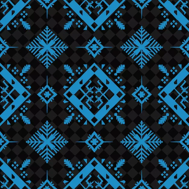 Sky-blue snowflakes, chevrons and diamond frames repeat in a knitted Nordic layout over a checkered black ground, crisp enough to read at phone size.