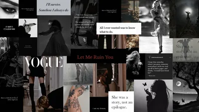 A moodboard of black and white cutouts, film stills and typed quotes tiled edge to edge, with a serif Vogue block anchoring the left side.