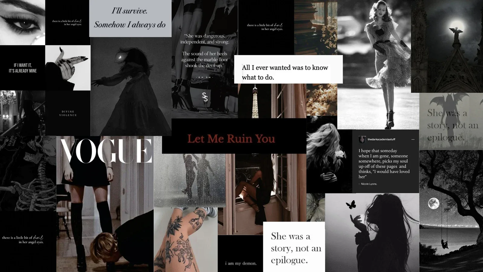 A moodboard of black and white cutouts, film stills and typed quotes tiled edge to edge, with a serif Vogue block anchoring the left side.