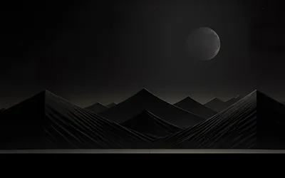 Flat mountain silhouettes stack in layers under a grey moon, a thin band of light running along the base.