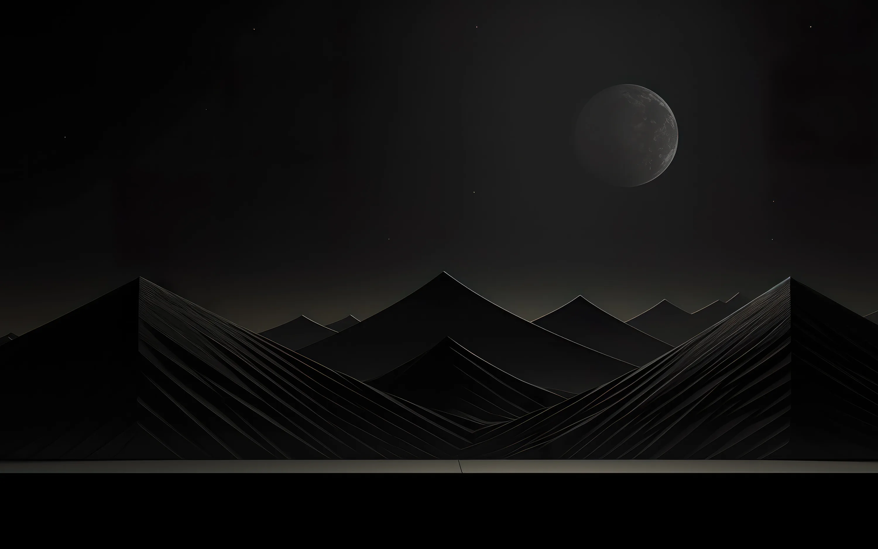 Flat mountain silhouettes stack in layers under a grey moon, a thin band of light running along the base.