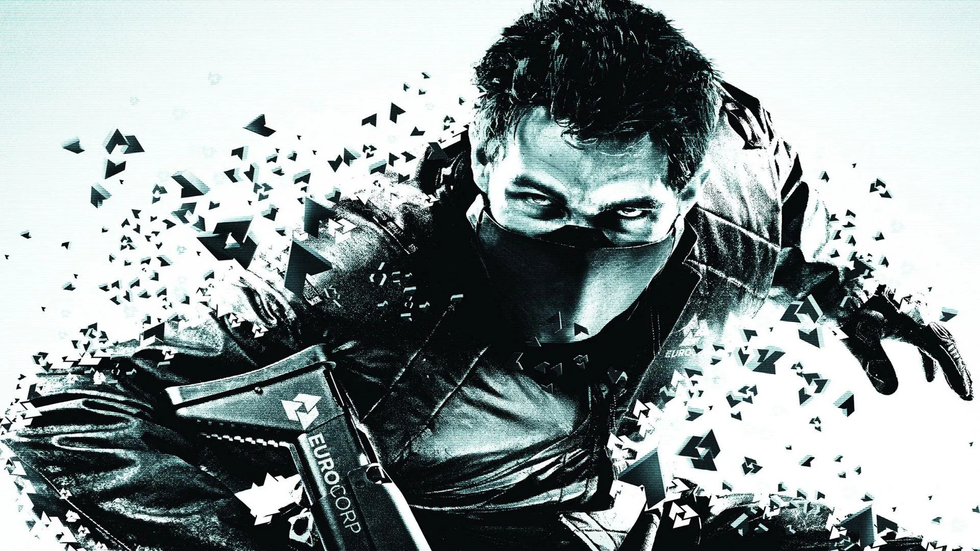 A man in a face wrap lunges forward against a blown-out white sky, black debris flying off his shoulder in hard black and white.