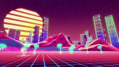 Pixel towers and teal palms stand on red hills under a striped yellow sun, a magenta grid rolling forward — vaporwave in full saturation.
