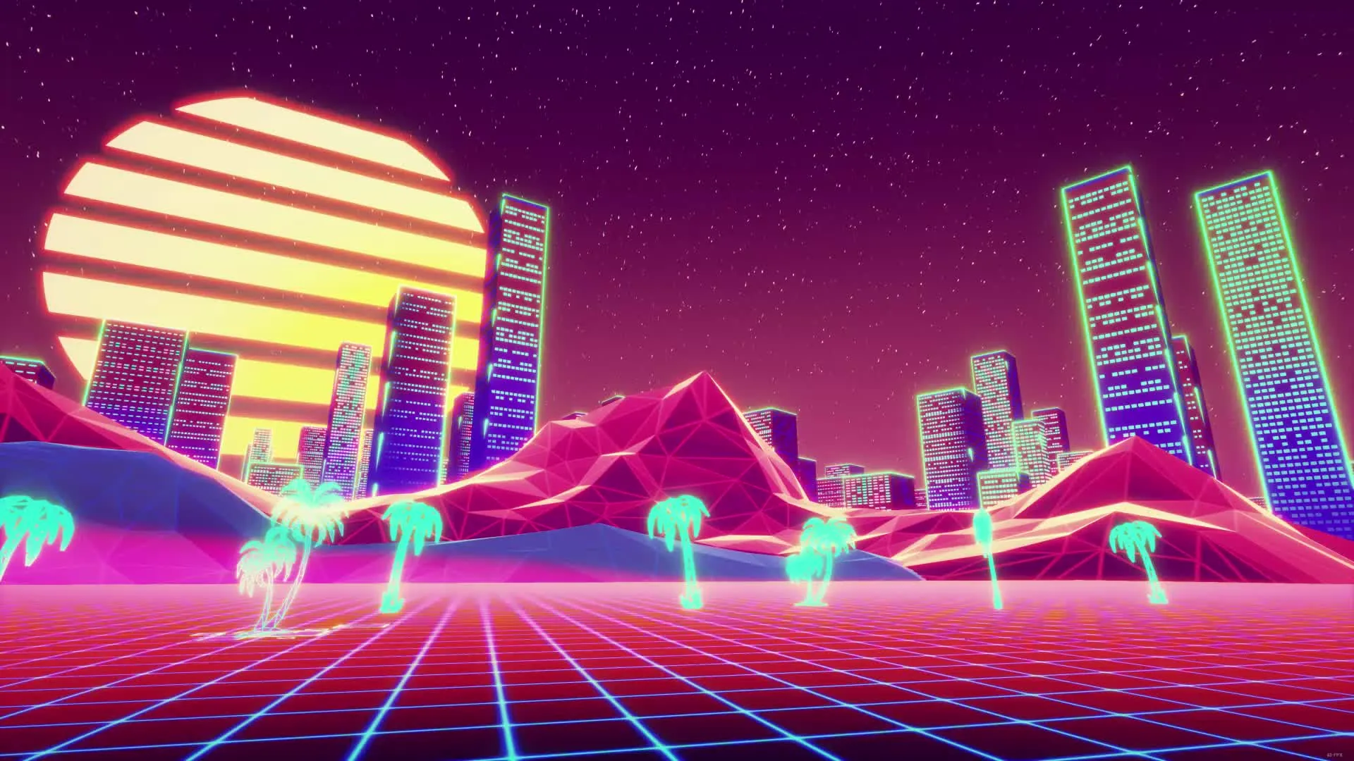 Pixel towers and teal palms stand on red hills under a striped yellow sun, a magenta grid rolling forward — vaporwave in full saturation.