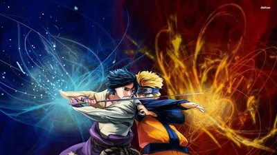 Sasuke draws his blade beside Naruto as blue light-trails and golden sparks fan out behind each of them, splitting the frame into cool and warm halves.