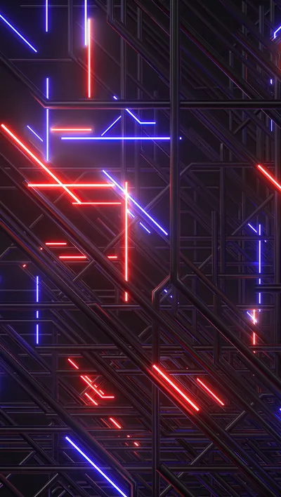 Blue and red rods glow along diagonal channels of dark machinery, evenly spread so the pattern reads the same behind app icons.