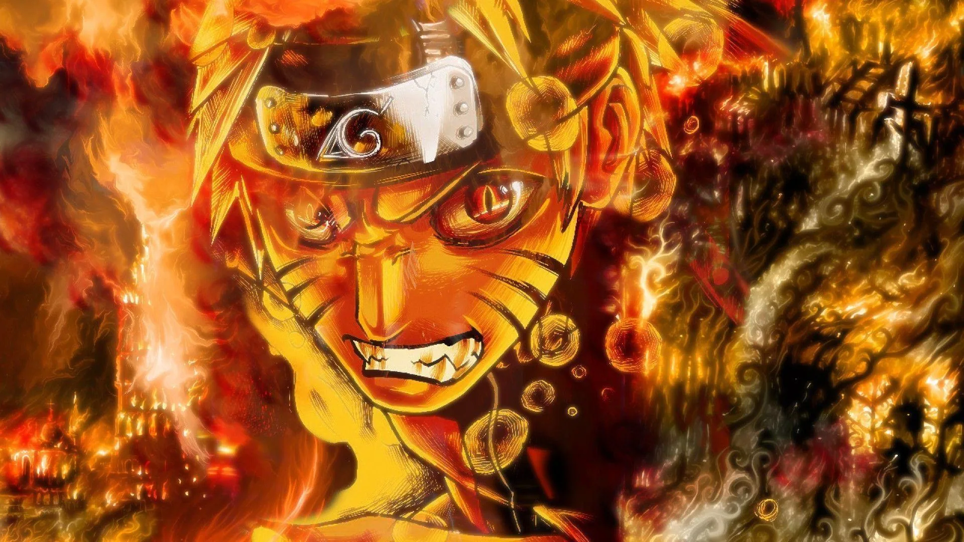 A snarling Naruto glows molten orange from headband to jacket as a burning village dissolves into brushy flames behind him, oil-paint texture edge to edge.