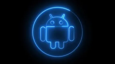 The Android robot glows in blue neon outline inside a ring, and the rest of the frame drops to flat black for OLED screens.