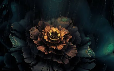 A large amber bloom opens at the centre while teal light and falling specks fill the space around it.