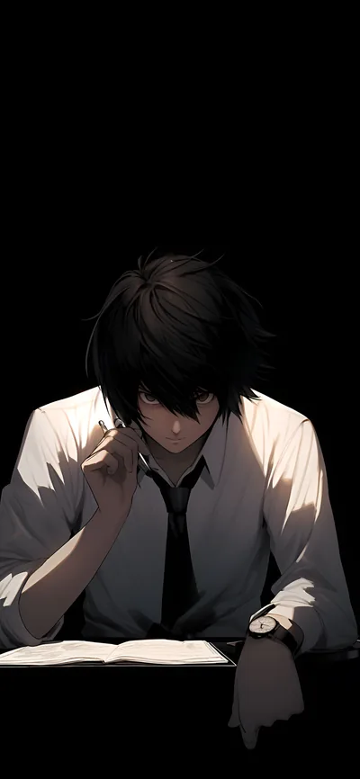 The dark-haired detective hunches over an open book, his white shirt the only light in a frame that is otherwise solid black.