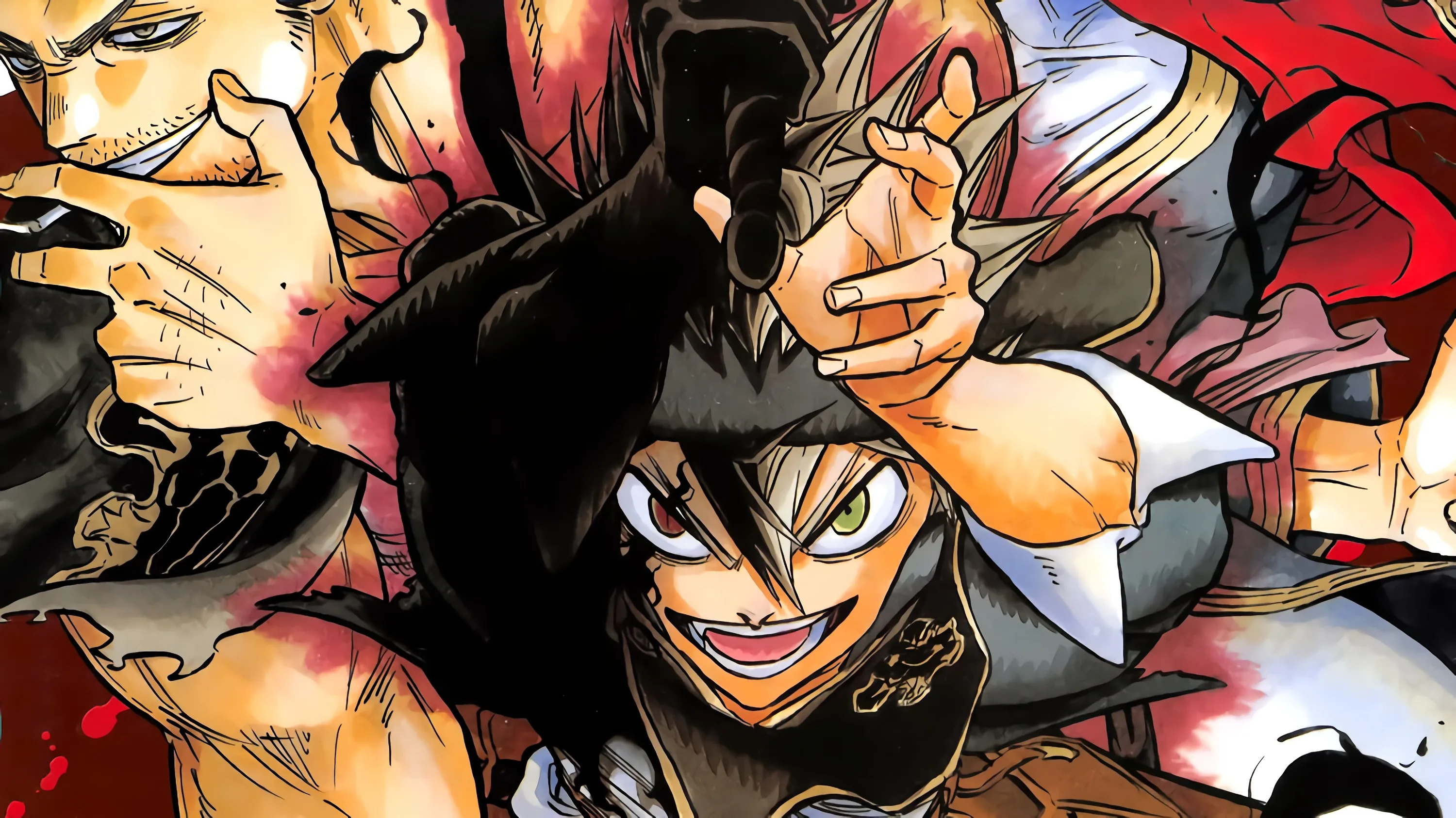A hand thrusts toward the viewer in sharp perspective, the black-haired boy grinning behind it against loose red and orange ink.