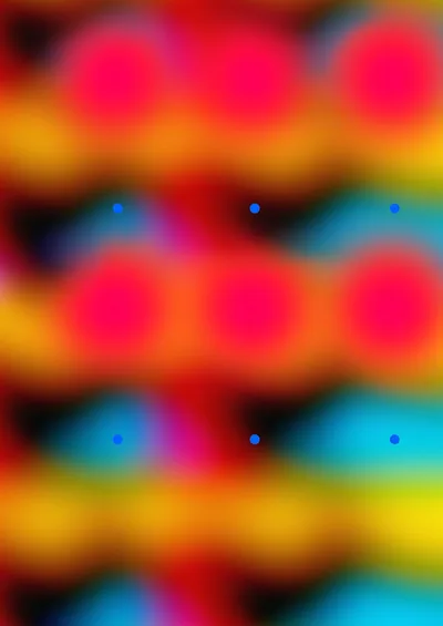 Rows of defocused magenta blobs blur into yellow and cyan bands, with a few small sharp blue dots floating in focus above the haze.