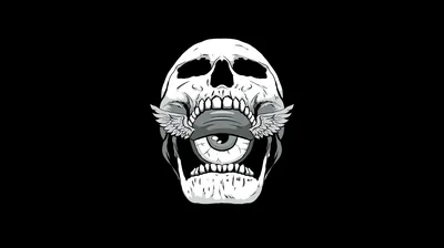 A white cartoon skull opens its jaw around a single eyeball with feathered wings, drawn in clean line work on solid black.