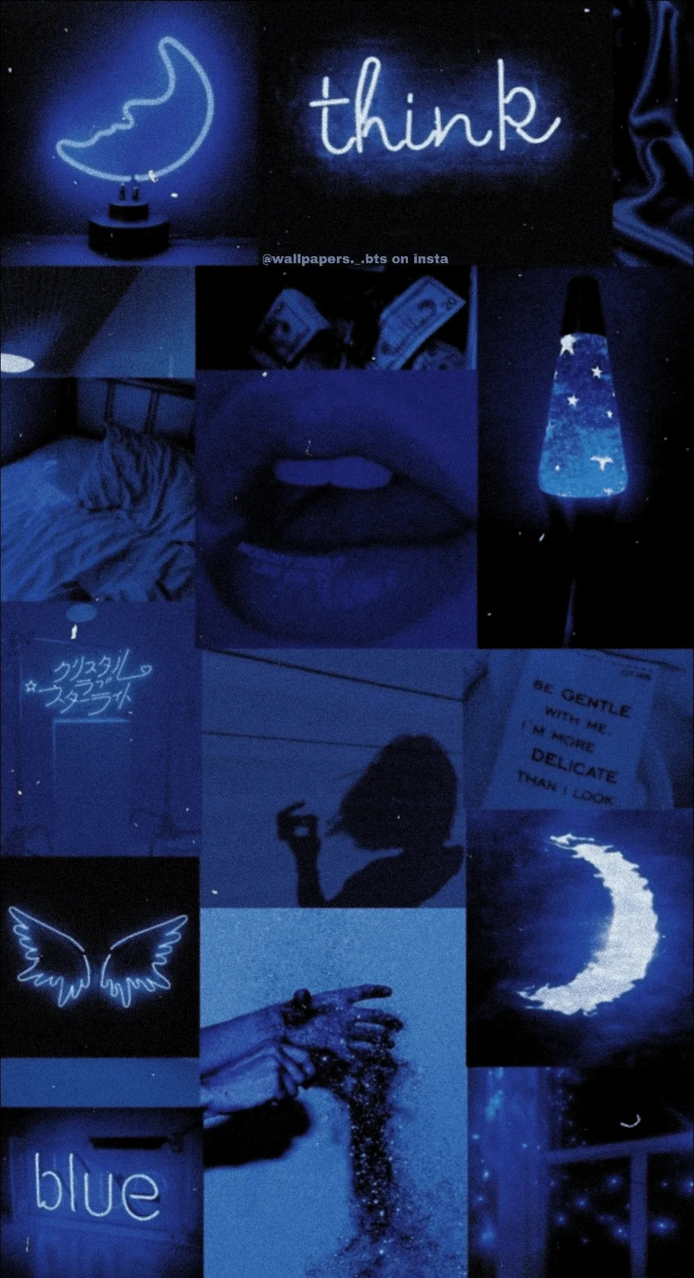 Twelve navy-toned photos tiled together, a neon crescent and the word think burning along the top row while the lower tiles sink into near-black.
