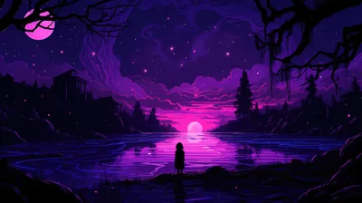 Pixel-style art of a girl at the water's edge as a pink glow sinks behind the lake, a second small moon tucked in the top left corner.
