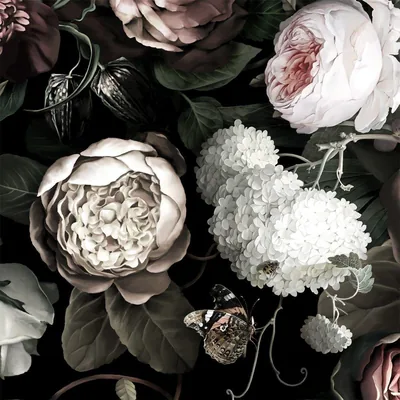 Cream peonies, white hydrangea and a red-tipped butterfly sit among heavy green leaves on black, in the manner of a Dutch still life.