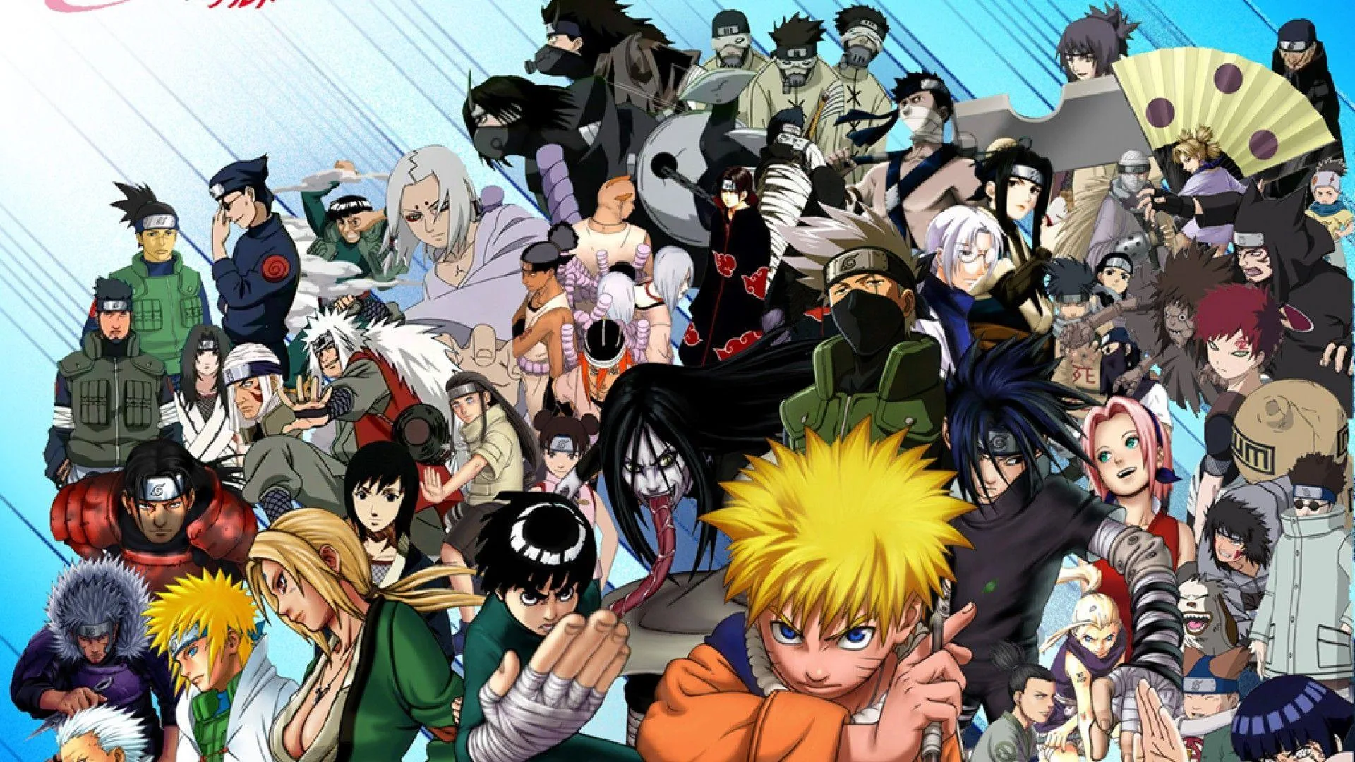 Dozens of characters packed edge to edge in a single collage, Naruto grinning at the bottom right with the rest of the cast stacked above him.