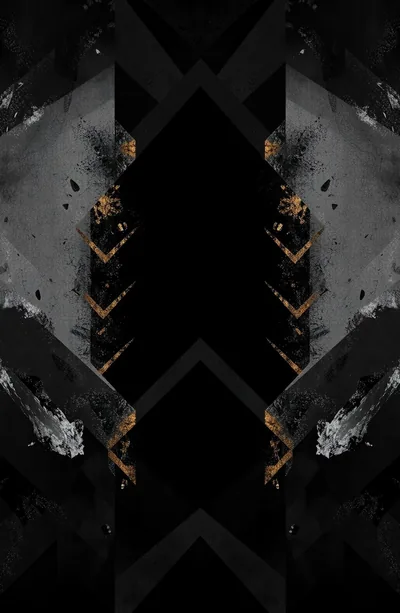 Sharp grey and black shapes mirror down the centre of the frame, gold and rust paint spatter breaking the symmetry near the middle.