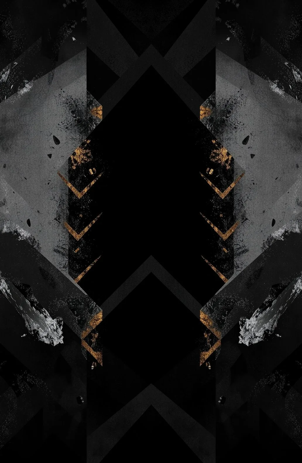 Sharp grey and black shapes mirror down the centre of the frame, gold and rust paint spatter breaking the symmetry near the middle.