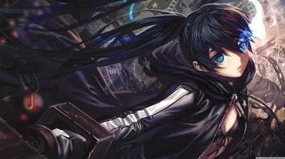 Black Rock Shooter leans into the frame with twin black tails streaming, one eye burning blue against gears and rust-toned machinery behind her.