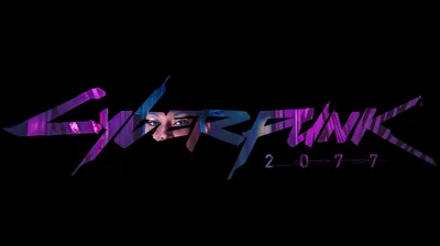 The Cyberpunk 2077 wordmark stretches across pure black in torn magenta and blue, the rest of the frame left empty.