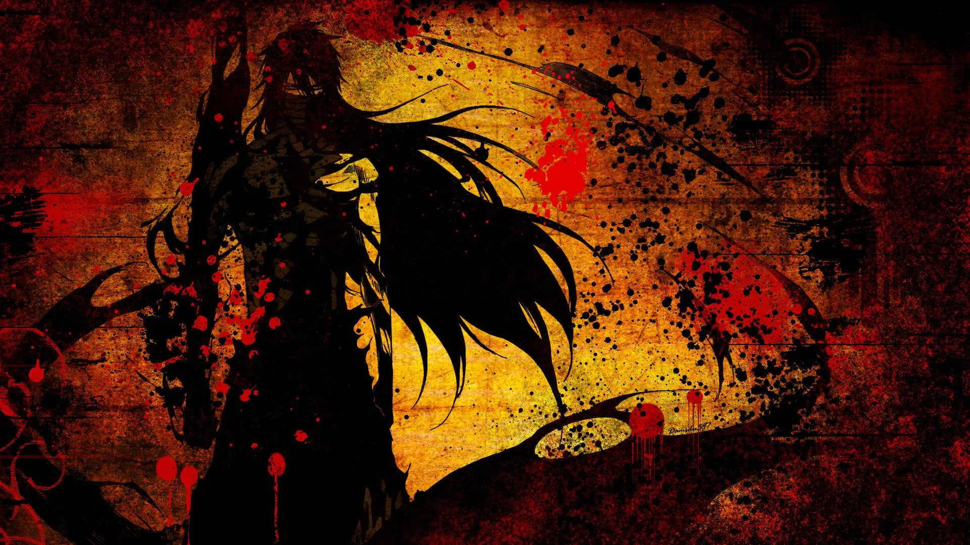 A long-haired swordsman in a torn black coat stands on a rough orange grunge background streaked with red spatter and scratches.