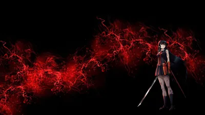 She stands at the right in a dark uniform, blade lowered, while jagged red energy crawls across the black from both edges of the frame.