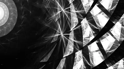 White light spikes burst from a central point among glassy shards and a ribbed arc, the lower left corner left in deep black.