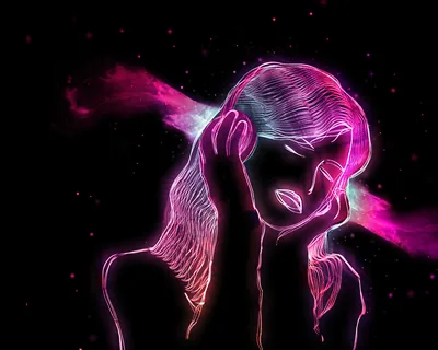 A woman sketched in glowing pink and violet lines holds a hand to her ear against black space, a magenta haze spreading behind her like wings.